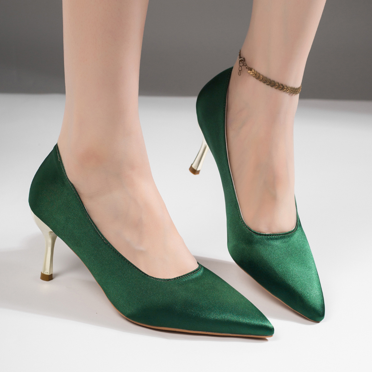 Women Green Satin Pumps Pointe - Court Heel Pointed ulasan dan harga